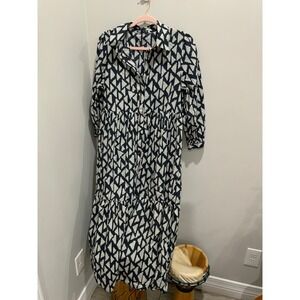 ZARA Geometric Print Button Front Tiered Maxi Shirt Dress Black White Size S